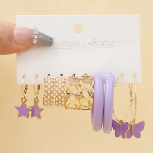 Trendy Purple Butterfly Star Heart Hoop Earring Set 